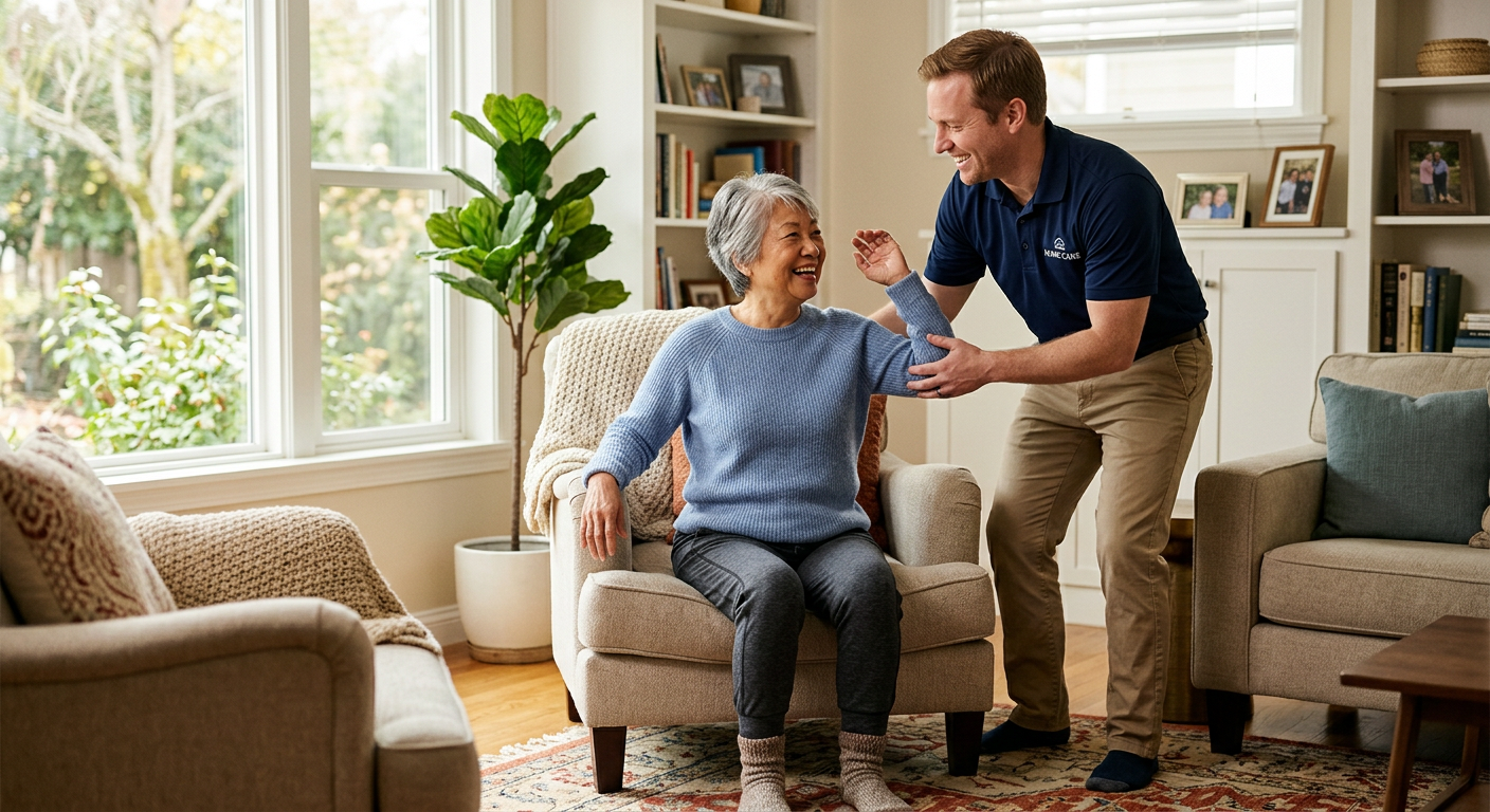Caregiver helping senior with tea and conversation