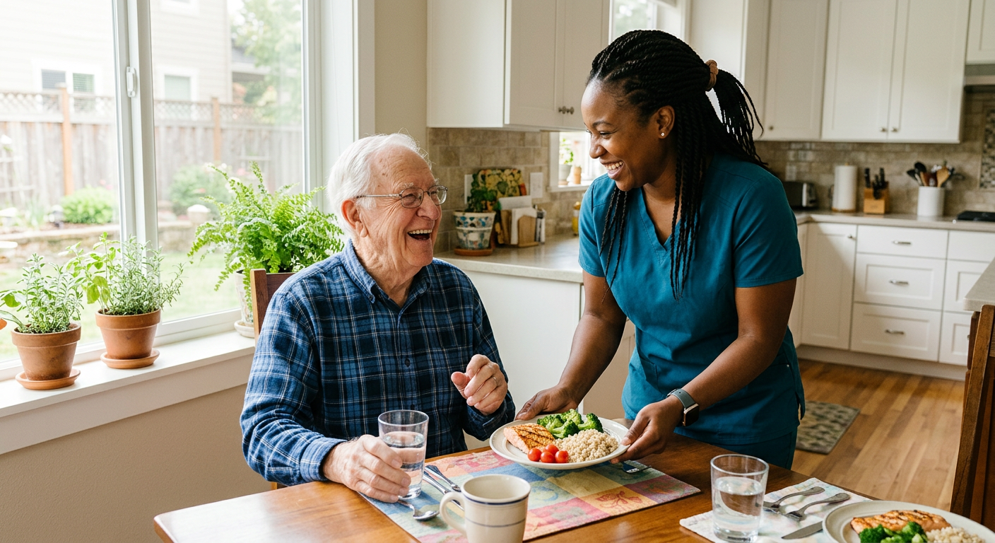 Caregiver helping senior with light exercise and wellness