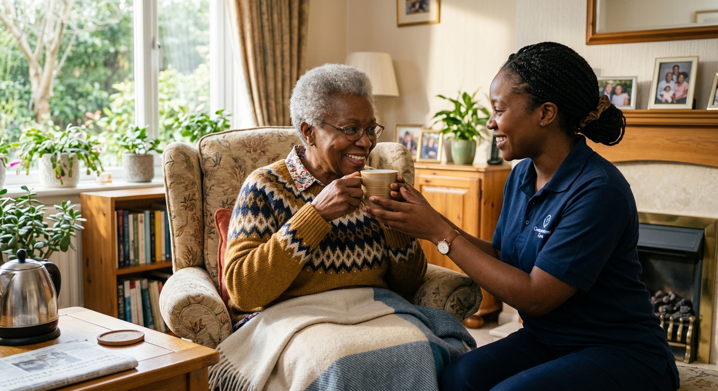 Caregiver serving meal to senior