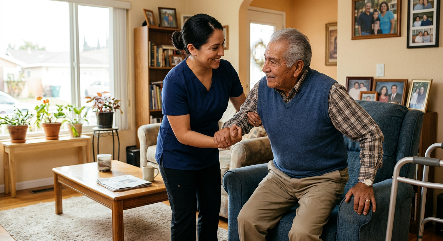 Caregiver assisting senior with medication management